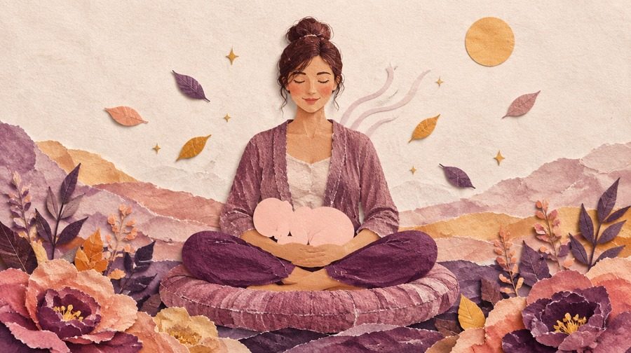 Meditáló anya törökülésben, az ölében a baba papírsziluettje