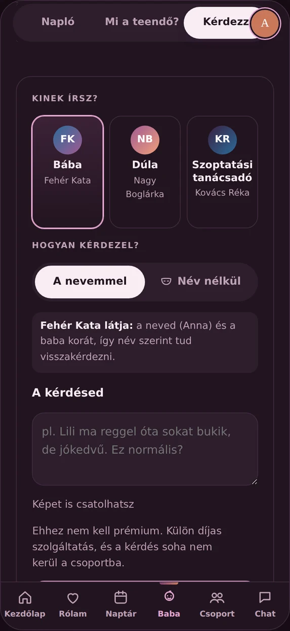 A négyszemközti kérdés képernyője: bába, dúla vagy szoptatási tanácsadó, névvel vagy név nélkül