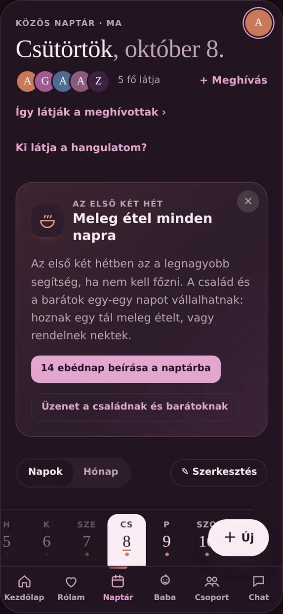 A közös naptár az első két hét meleg ételeinek kártyájával